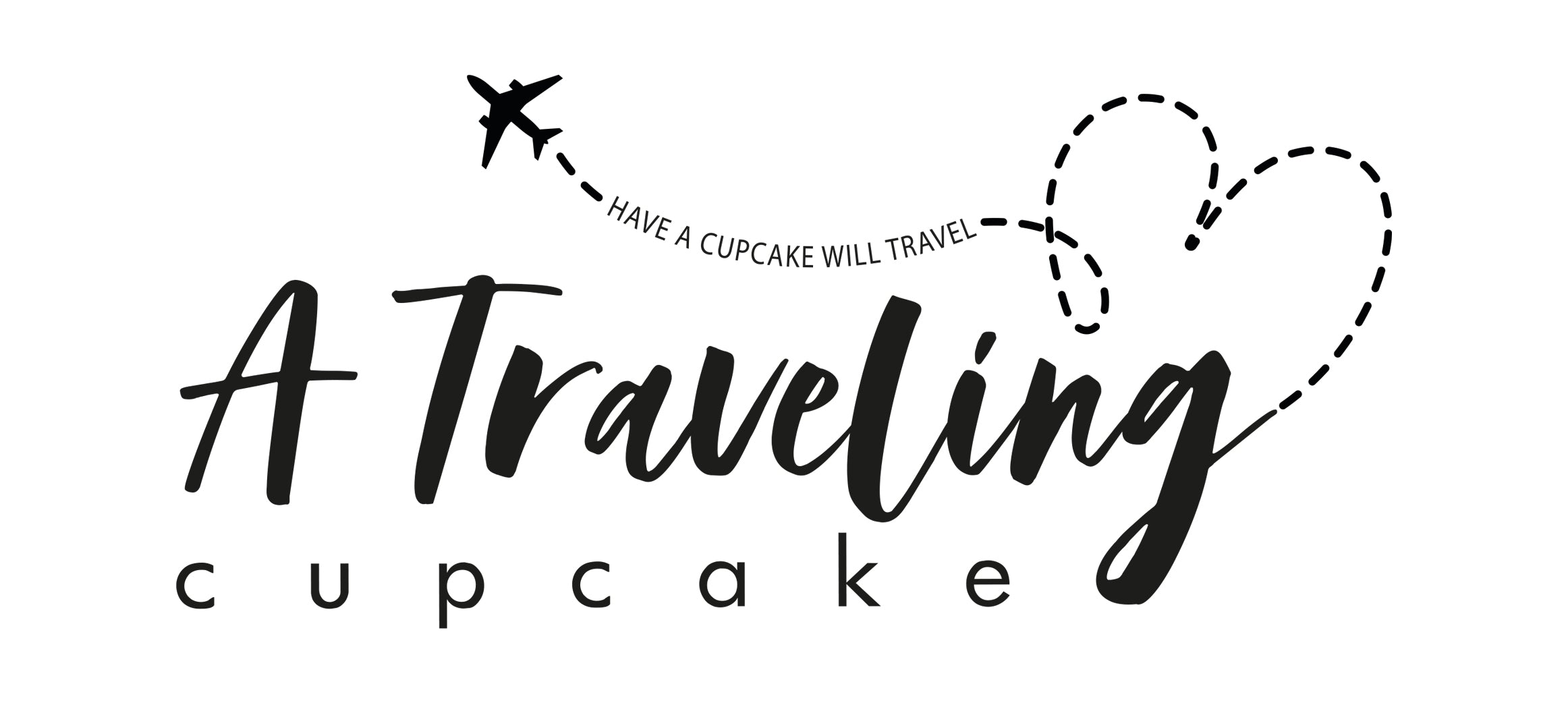 Logo for 'A Traveling Cupcake' with text and heart design on a white background