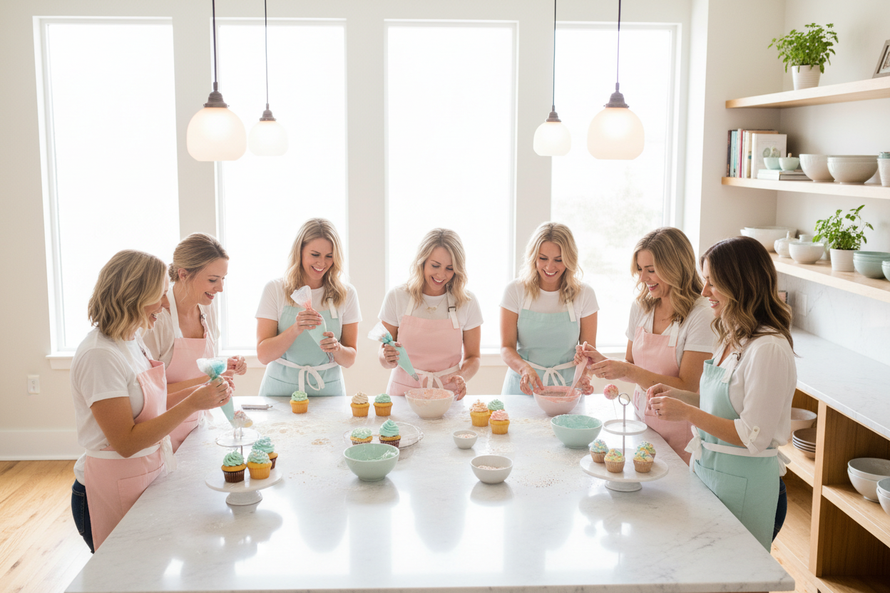 Group of women in aprons participating in a baking class in a bright kitchen.